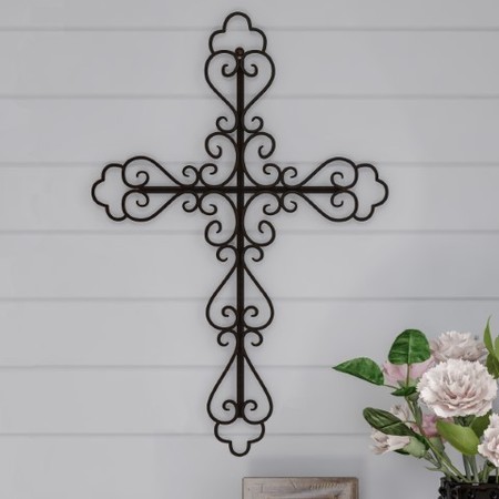 HASTINGS HOME Metal Wall Cross with Decorative Fleur De Lis Design, Rustic Handcrafted Religious Art for Home Decor 385281OGQ